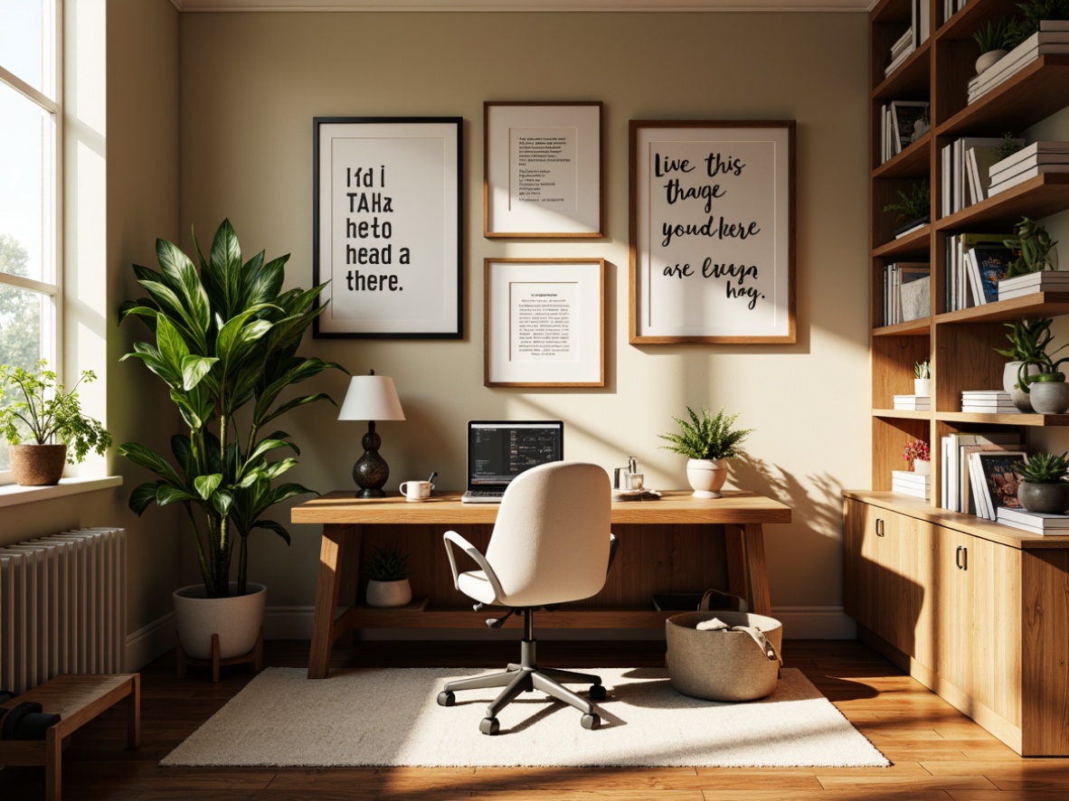 Prompt: Academic home office, wooden desk, ergonomic chair, bookshelves, framed certificates, motivational quotes, green plants, soft natural light, warm beige walls, cozy rug, comfortable reading nook, floor lamp, organized storage cabinets, inspirational artwork, calm atmosphere, shallow depth of field, 1/1 composition, realistic textures, ambient occlusion.