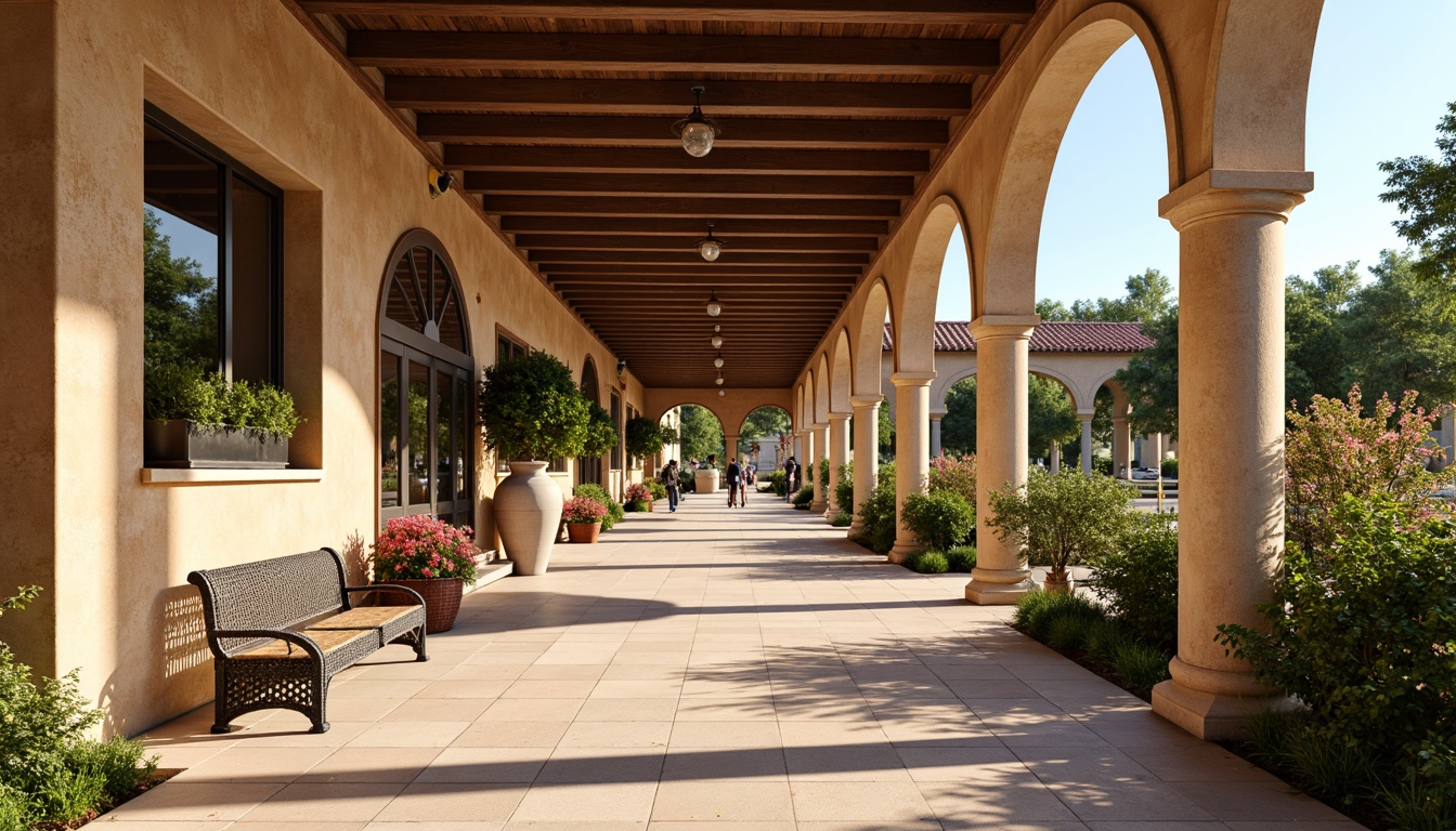 Prompt: Warm Mediterranean bus station, curved archways, ornate tile work, wrought iron benches, lush greenery, blooming flowers, natural stone flooring, stucco walls, clay roof tiles, sunny day, soft warm lighting, shallow depth of field, 3/4 composition, panoramic view, realistic textures, ambient occlusion.