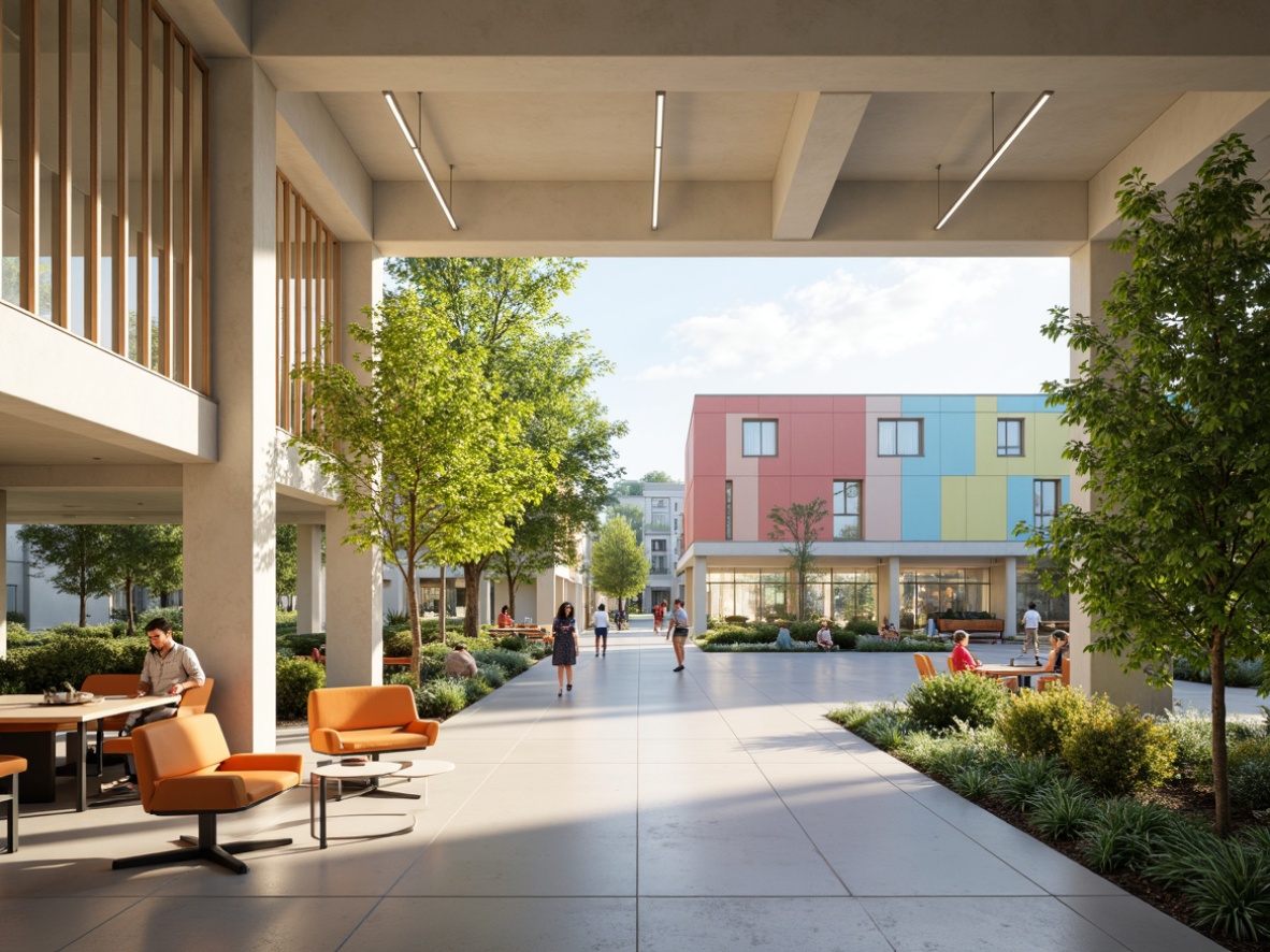 Prompt: Vibrant community center, modern minimalist architecture, floor-to-ceiling windows, natural daylight, warm ambient lighting, soft pastel colors, sleek metal accents, polished concrete floors, cozy reading nooks, communal seating areas, lush green walls, living trees, urban park views, sunny afternoon, gentle breeze, softbox lighting, 1/2 composition, realistic textures, subtle shadows.