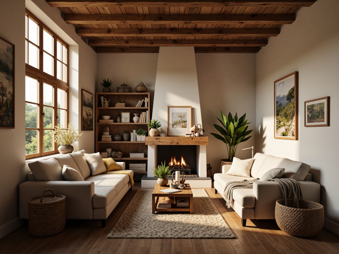 Prompt: Cozy living room, wooden accents, natural stone walls, earthy color palette, soft warm lighting, comfortable couches, plush throw blankets, rustic wood furniture, woven baskets, vintage decorative items, distressed finishes, reclaimed wood floors, chunky knitted rugs, creamy white walls, subtle sheen textures, inviting atmosphere, relaxing ambiance, golden hour lighting, shallow depth of field, 1/2 composition, intimate framing.