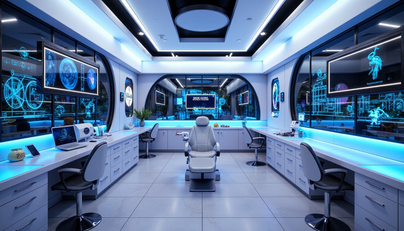 Prompt: Neon-lit futuristic dental clinic, sleek metallic surfaces, glossy white countertops, vibrant blue accents, LED light installations, minimalist decor, ergonomic chairs, advanced medical equipment, holographic displays, virtual reality headsets, sterile environments, anti-bacterial coatings, futuristic sculptures, geometric patterns, neon green lighting, 3D-printed decorative elements, polished chrome fixtures, high-tech ambiance, shallow depth of field, panoramic view, realistic textures, ambient occlusion.