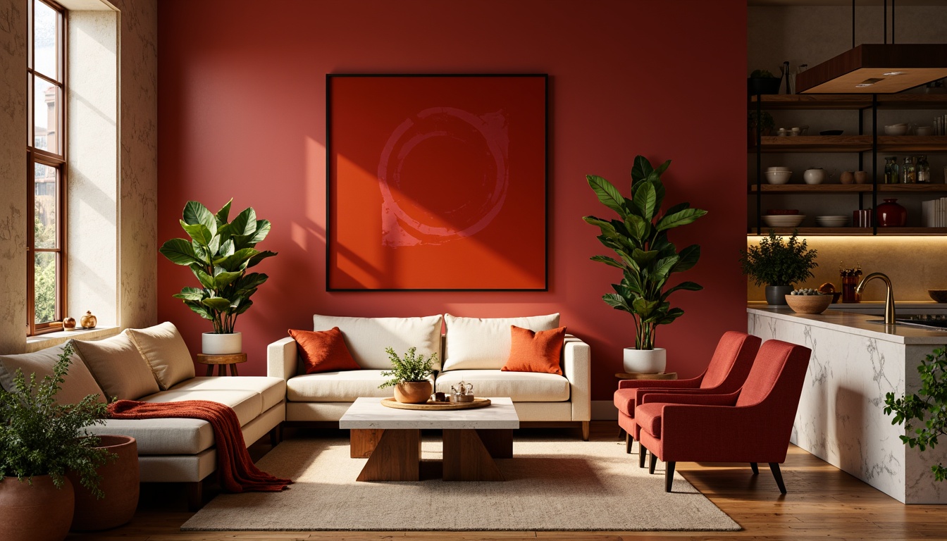 Prompt: Vibrant red accent wall, soft cream sofas, natural wood flooring, warm golden lighting, cozy throw blankets, earthy terracotta planters, rich burgundy armchairs, subtle orange undertones, creamy white marble countertops, bold crimson artwork, elegant bronze fixtures, rustic wooden shelves, ambient warm glow, shallow depth of field, 1/1 composition, intimate atmosphere.