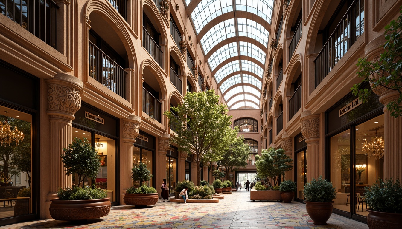 Prompt: Ornate Art Nouveau building, sinuous curved lines, flowing organic forms, luxurious ornamental decorations, intricate metalwork, stained glass windows, vibrant colorful tiles, soft warm lighting, shallow depth of field, 1/2 composition, panoramic view, realistic textures, ambient occlusion.