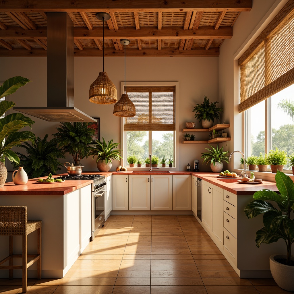 Prompt: Vibrant tropical kitchen, warm golden lighting, pendant lamps, recessed ceiling lights, under-cabinet LED strips, polished chrome fixtures, natural linen shades, woven bamboo blinds, exotic wood accents, bright coral countertops, creamy white cabinets, lush greenery, potted plants, wicker furniture, rattan details, ocean-inspired color palette, soft warm glow, shallow depth of field, 1/1 composition, realistic textures, ambient occlusion.