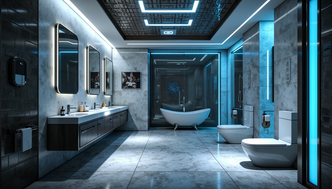 Prompt: Futuristic bathroom, sleek metal fixtures, minimalist design, LED lighting strips, glowing blue accents, wall-mounted toilets, floating vanities, touchless faucets, rain showerheads, body sprays, heated floors, ambient misting systems, chrome-plated accessories, geometric patterned tiles, high-gloss finishes, futuristic sinks, automated toilet seats, sensor-activated mirrors, anti-fog coatings, warm white lighting, shallow depth of field, 3/4 composition, panoramic view, realistic textures.