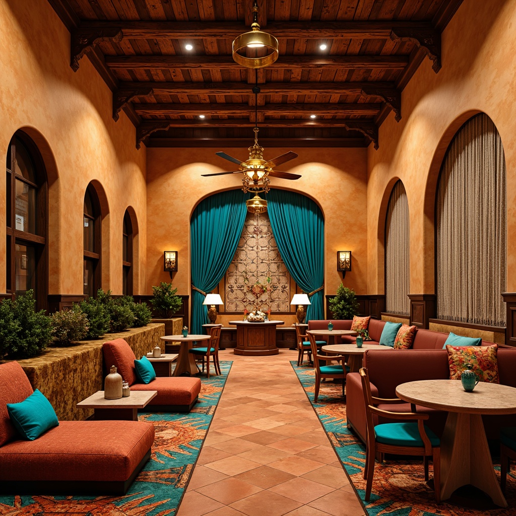 Prompt: Southwestern-themed casino interior, warm terracotta floors, rustic wooden accents, vibrant turquoise patterns, woven Native American-inspired textiles, bold geometric shapes, metallic gold lighting fixtures, lavish velvet drapes, intricate adobe-style archways, sun-kissed stucco walls, distressed leather furniture, ornate Aztec-inspired carvings, rich brown wooden paneling, warm earthy color palette, ambient softbox lighting, cinematic shallow depth of field, 2/3 composition, realistic render.