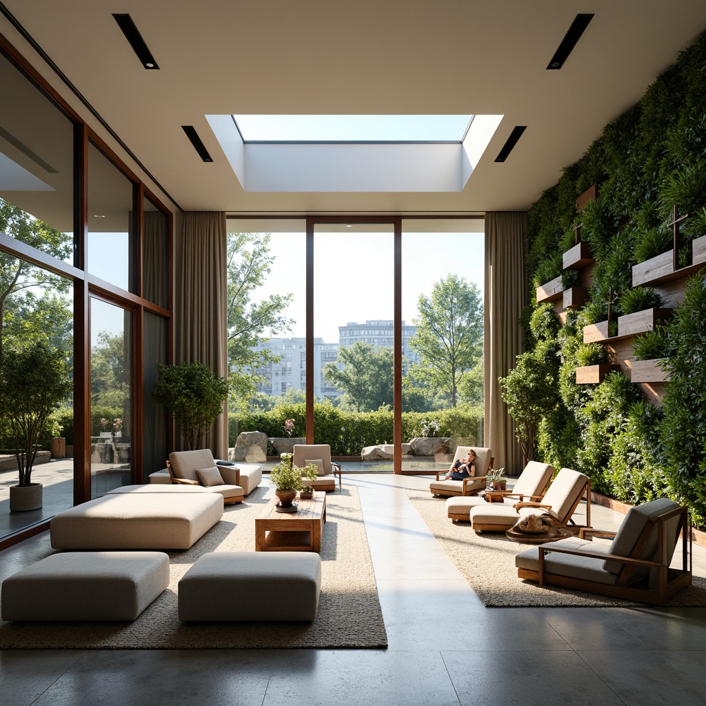 Prompt: Spacious interior, floor-to-ceiling windows, sliding glass doors, minimalist decor, reflective surfaces, clerestory windows, skylights, open floor plans, curved lines, natural materials, reclaimed wood accents, earthy color palette, abundant greenery, living walls, vertical gardens, urban oasis, sunny day, soft diffused light, high ceilings, 1/1 composition, realistic textures, ambient occlusion.