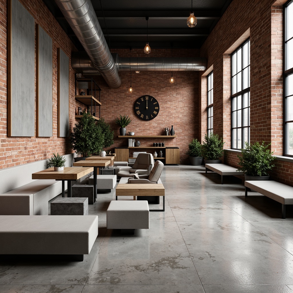 Prompt: Exposed brick walls, distressed concrete floors, metal beams, industrial-grade lighting fixtures, reclaimed wood accents, urban loft-inspired decor, modern minimalist furniture, matte black steel frames, polished chrome hardware, rough-textured stucco finishes, poured concrete benches, Edison bulb pendant lights, functional shelving units, mechanical-style clock decor, neutral-toned color palette, high ceilings, open-plan layout, natural materials, rustic-chic ambiance.