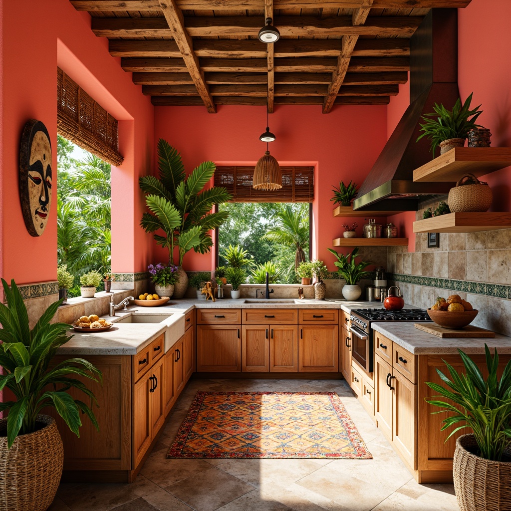 Prompt: Vibrant tropical kitchen, exotic island vibes, bright coral walls, lush greenery, natural stone countertops, reclaimed wood cabinets, woven rattan furniture, colorful tiki masks, bold geometric patterns, Moroccan-inspired tiles, warm golden lighting, shallow depth of field, 3/4 composition, panoramic view, realistic textures, ambient occlusion.Please let me know if this meets your expectations!