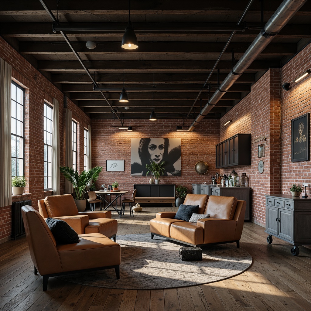 Prompt: Exposed brick walls, metal beams, reclaimed wood floors, industrial-style lighting fixtures, distressed leather sofas, vintage factory carts, metallic accents, urban loft atmosphere, concrete countertops, edgy modern art pieces, minimalist decor, functional storage units, raw concrete textures, moody dim lighting, shallow depth of field, 3/4 composition, realistic metallic reflections.