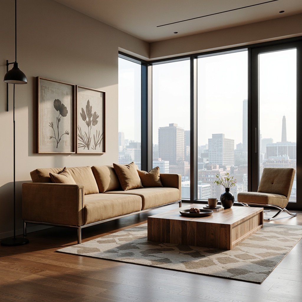 Prompt: Minimalist living room, sleek low-profile sofa, polished chrome legs, tufted velvet upholstery, reclaimed wood coffee table, geometric patterned rug, industrial chic pendant light, floor-to-ceiling windows, urban cityscape view, warm beige walls, matte black accents, Scandinavian-inspired decor, rounded edges, organic shapes, soft pastel colors, natural textiles, ambient warm lighting, 1/1 composition, shallow depth of field, realistic reflections.