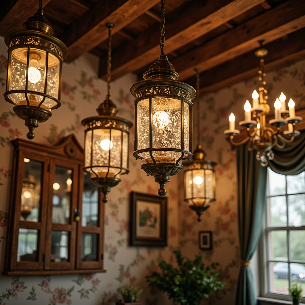 Prompt: Distressed vintage chandeliers, rusty metal lanterns, soft warm candlelight, crystal drops, ornate metalwork, floral patterns, distressed wood accents, faded pastel hues, elegant candelabras, lace trimmings, velvet drapes, antique bronze fixtures, mercury glass shades, rustic wooden beams, cozy intimate atmosphere, warm golden lighting, 1/2 composition, soft focus, shallow depth of field.