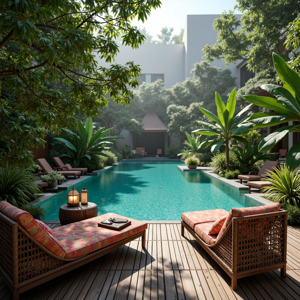 Prompt: Vibrant turquoise water, lush greenery, tropical plants, wooden decking, natural stone flooring, intricately carved Asian-inspired furniture, colorful lanterns, woven rattan lounge chairs, plush throw pillows, exotic patterned textiles, soft silk fabrics, subtle sheen finishes, warm ambient lighting, shallow depth of field, 1/1 composition, realistic textures, misty atmosphere.