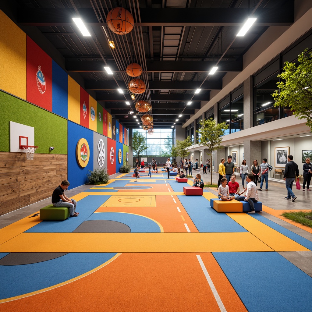 Prompt: Vibrant youth center, playful atmosphere, durable flooring, shock-absorbing surfaces, colorful carpet tiles, easy-to-clean surfaces, slip-resistant floors, sports-themed designs, basketball court lines, modern LED lighting, open spaces, flexible seating areas, acoustic panels, sound-absorbing materials, energetic color schemes, fun textures, dynamic patterns, 3/4 composition, shallow depth of field, realistic reflections.