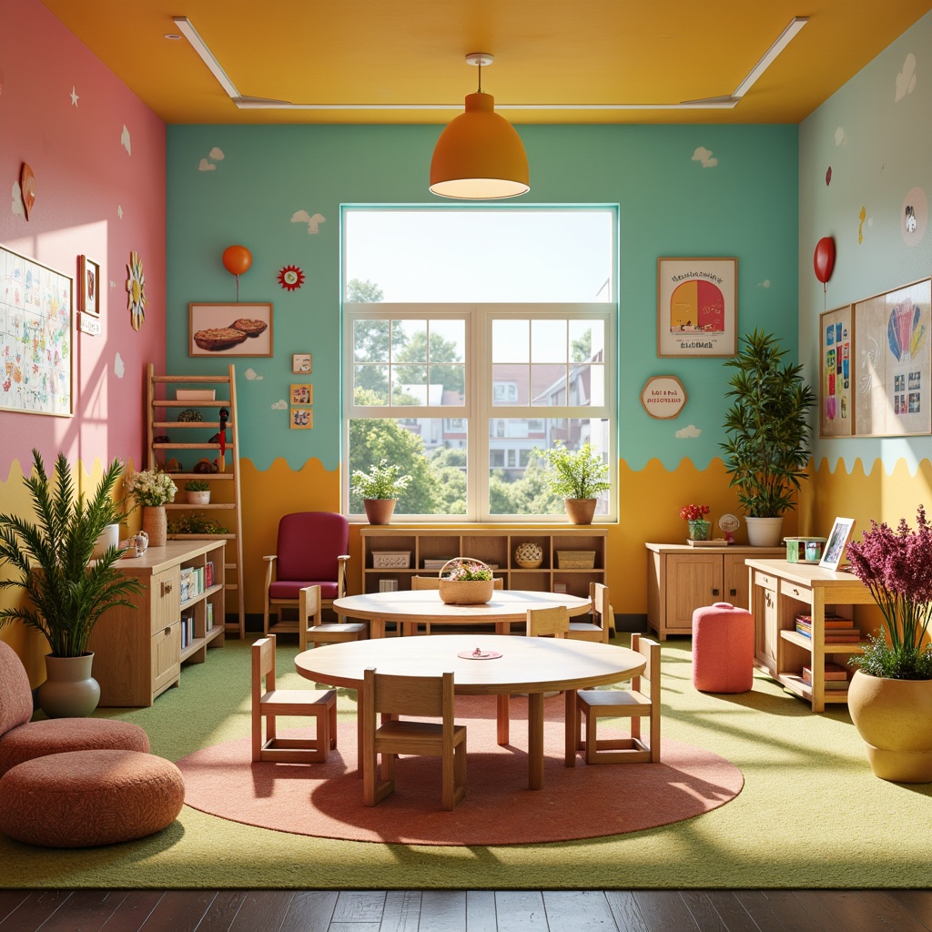 Prompt: Vibrant kindergarten interior, bright color accents, playful wall decals, fun polka-dot patterns, educational posters, interactive learning tools, circular tables, ergonomic chairs, soft carpet flooring, natural wood furniture, whimsical lighting fixtures, cozy reading nooks, stimulating art displays, lively greenery, blooming flower arrangements, warm sunny atmosphere, shallow depth of field, 1/2 composition, panoramic view, realistic textures, ambient occlusion.