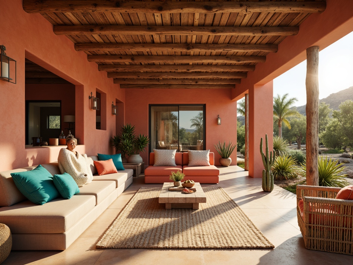 Prompt: Earthy southwestern apartments, warm terracotta walls, sandy beige floors, turquoise accents, vibrant coral hues, rustic wooden beams, natural stone countertops, woven wicker furniture, plush desert-inspired textiles, lush greenery, sprawling cacti, warm sunny day, soft golden lighting, shallow depth of field, 3/4 composition, panoramic view, realistic textures, ambient occlusion.