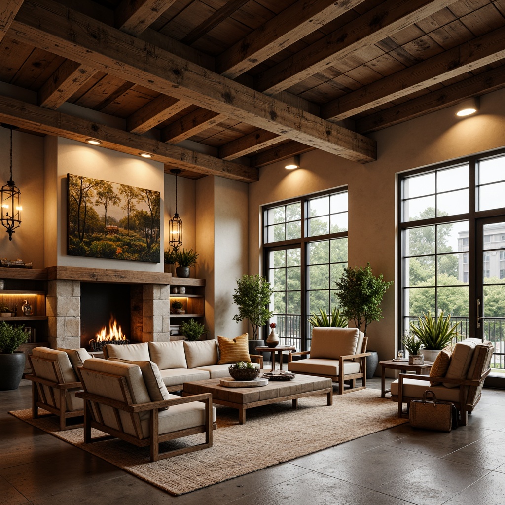 Prompt: Rustic steel-framed interior, distressed wood accents, earthy tones, warm beige walls, weathered metal frames, natural stone floors, reclaimed wooden planks, cozy fireplaces, vintage industrial decor, exposed ductwork, Edison bulb lighting, soft warm glow, 1/2 composition, shallow depth of field, realistic textures, ambient occlusion.