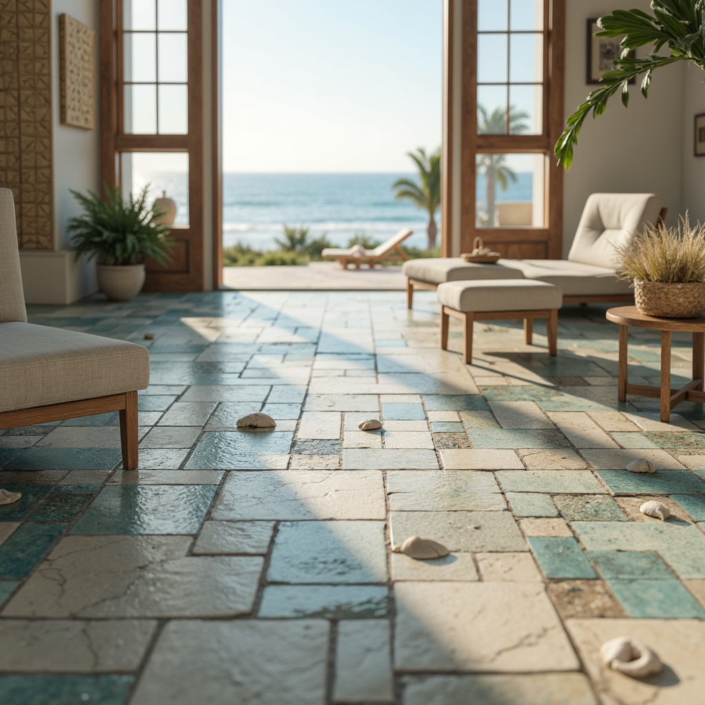 Prompt: Sea-inspired tiles, ocean-blue hues, wave-patterned ceramics, sandy beige tones, natural stone textures, driftwood accents, beachy keystone shapes, soft creamy whites, shell-adorned mosaics, calming aqua blues, iridescent glass tiles, weathered wood looks, nautical rope patterns, coral-inspired designs, sunny coastal feel, warm golden lighting, shallow depth of field, 1/1 composition, realistic textures, ambient occlusion.