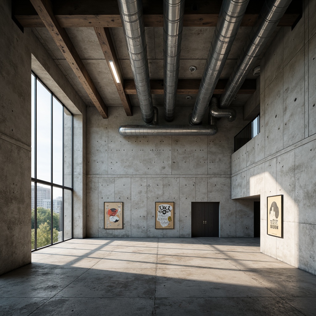 Prompt: Exposed concrete walls, rugged textures, industrial pipes, metal beams, raw finishes, minimalist aesthetic, functional design, institutional atmosphere, educational setting, brutalist architecture, dramatic lighting, high ceilings, open spaces, urban surroundings, cityscape views, abstract artwork, bold typography, neutral color palette, cold tone ambiance, 1/1 composition, symmetrical framing, harsh shadows, realistic renderings.