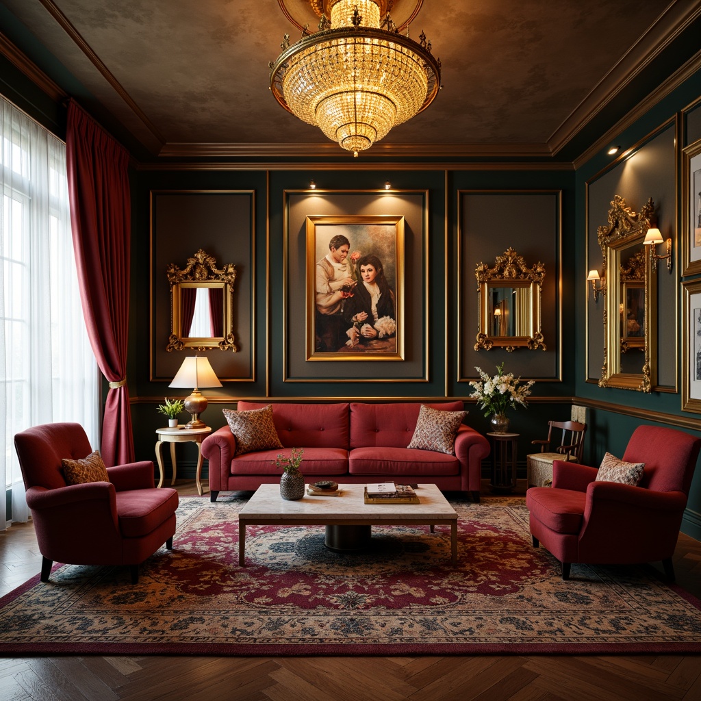 Prompt: Luxurious living room, velvet sofas, golden chandeliers, marble coffee tables, plush area rugs, elegant wall mirrors, ornate picture frames, lavish drapery, soft warm lighting, intimate ambiance, 1/1 composition, shallow depth of field, realistic textures, ambient occlusion.