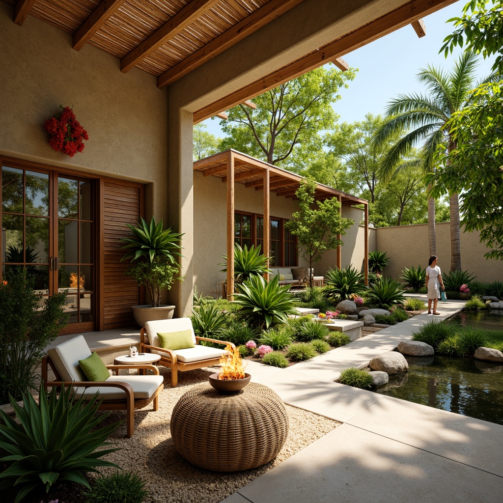 Prompt: Exotic tropical plants, natural wood accents, woven rattan furniture, colorful tiki torches, vibrant floral patterns, warm sandy beige walls, large palm trees, lush greenery, calming water features, serene koi ponds, organic stone flooring, bamboo-inspired architecture, modern minimalist design, abundant natural light, soft warm color palette, 1/1 composition, shallow depth of field, realistic textures, ambient occlusion.