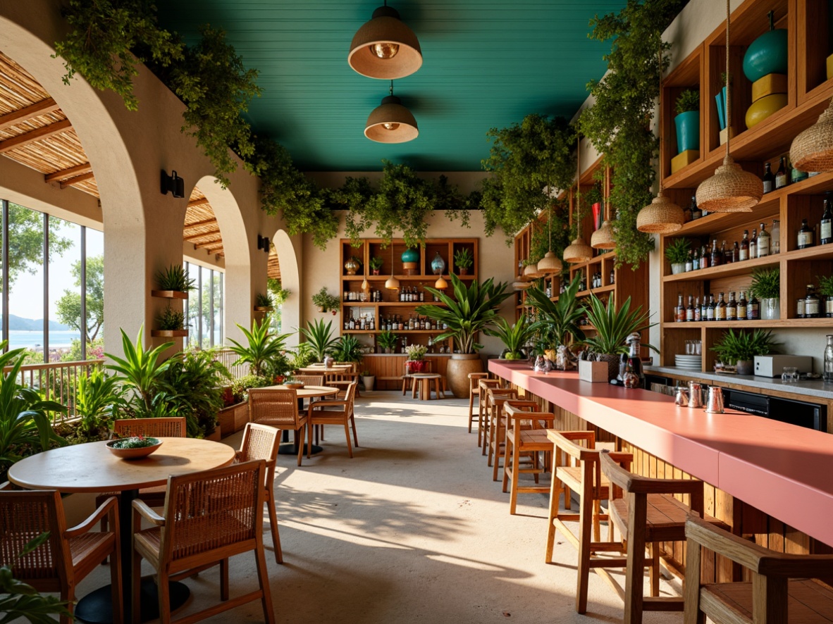 Prompt: Vibrant tropical bar interior, lush greenery, exotic flowers, natural wood accents, woven rattan furniture, colorful tiki torches, bold striped patterns, warm sandy beige walls, rich turquoise ceilings, bright coral pink countertops, metallic gold hardware, eclectic global decorative accents, cozy ambient lighting, shallow depth of field, 1/2 composition, soft focus, realistic textures.