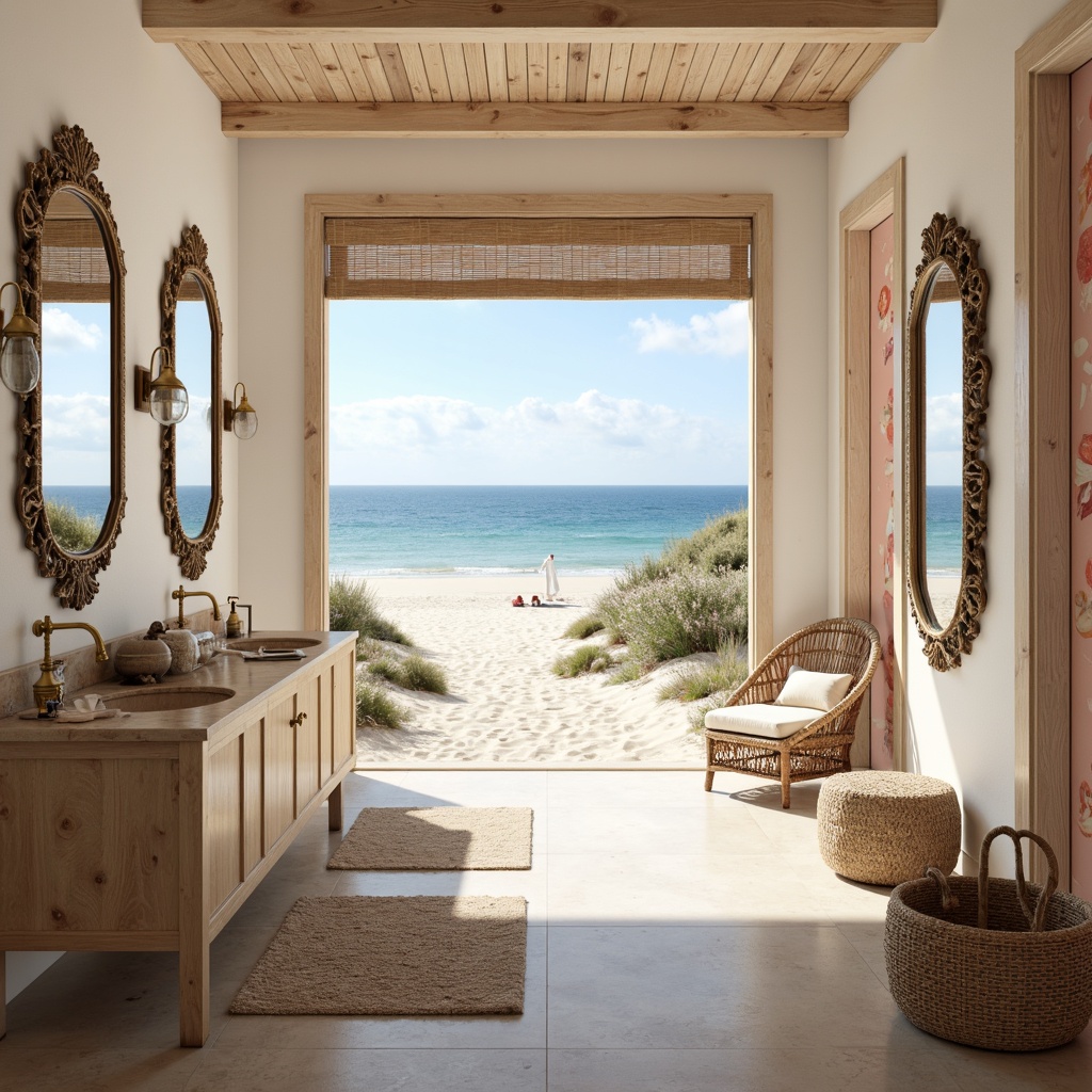 Prompt: Soft sandy beach, calming ocean views, gentle sea breeze, driftwood accents, distressed wood finishes, shell-adorned mirrors, natural woven textiles, creamy white walls, coral-inspired color palette, elegant gold fixtures, ornate seashell-patterned wallpaper, plush area rugs, warm beige marble countertops, delicate glass pendant lights, spa-like ambiance, serene atmosphere, shallow depth of field, 1/2 composition, softbox lighting.