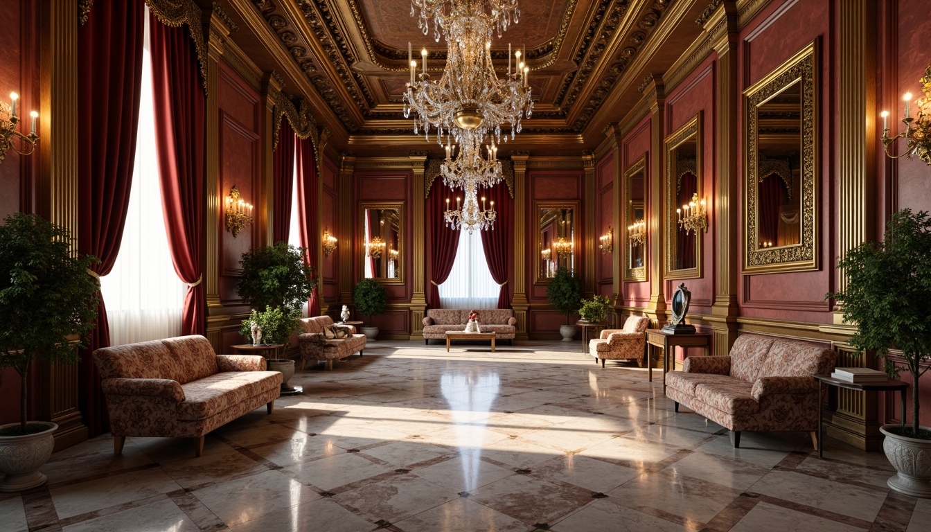 Prompt: Richly ornate interior, polished marble floors, intricately carved wooden paneling, gilded moldings, crystal chandeliers, velvet drapes, ornamental mirrors, antique furnishings, luxurious fabrics, soft warm lighting, shallow depth of field, 3/4 composition, realistic textures, ambient occlusion.