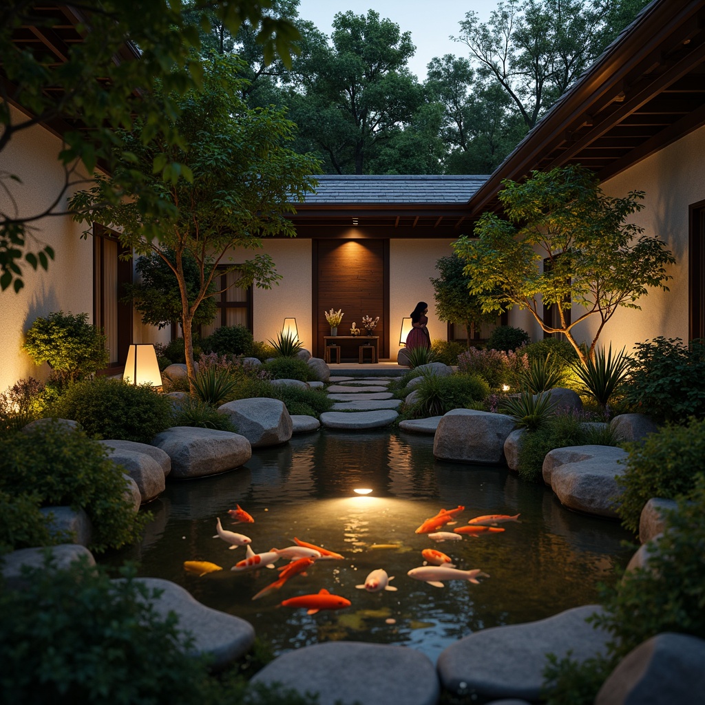 Prompt: Serenely lit koi pond, lush greenery, natural stone walls, wooden accents, subtle water features, warm lantern lighting, soft glow, shallow depth of field, 1/1 composition, intimate atmosphere, tranquil ambiance, traditional Asian-inspired architecture, curved lines, minimal ornamentation, earthy tones, muted color palette, natural textures, ambient occlusion.