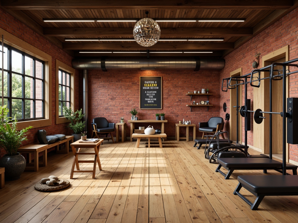 Prompt: Rustic home gym, traditional wood flooring, distressed wooden planks, warm beige tones, natural textures, vintage athletic equipment, antique exercise machines, brick red walls, industrial-style lighting, metal beams, reclaimed wood accents, motivational quotes, sporty accessories, nostalgic color palette, softbox lighting, shallow depth of field, 1/2 composition, realistic reflections.