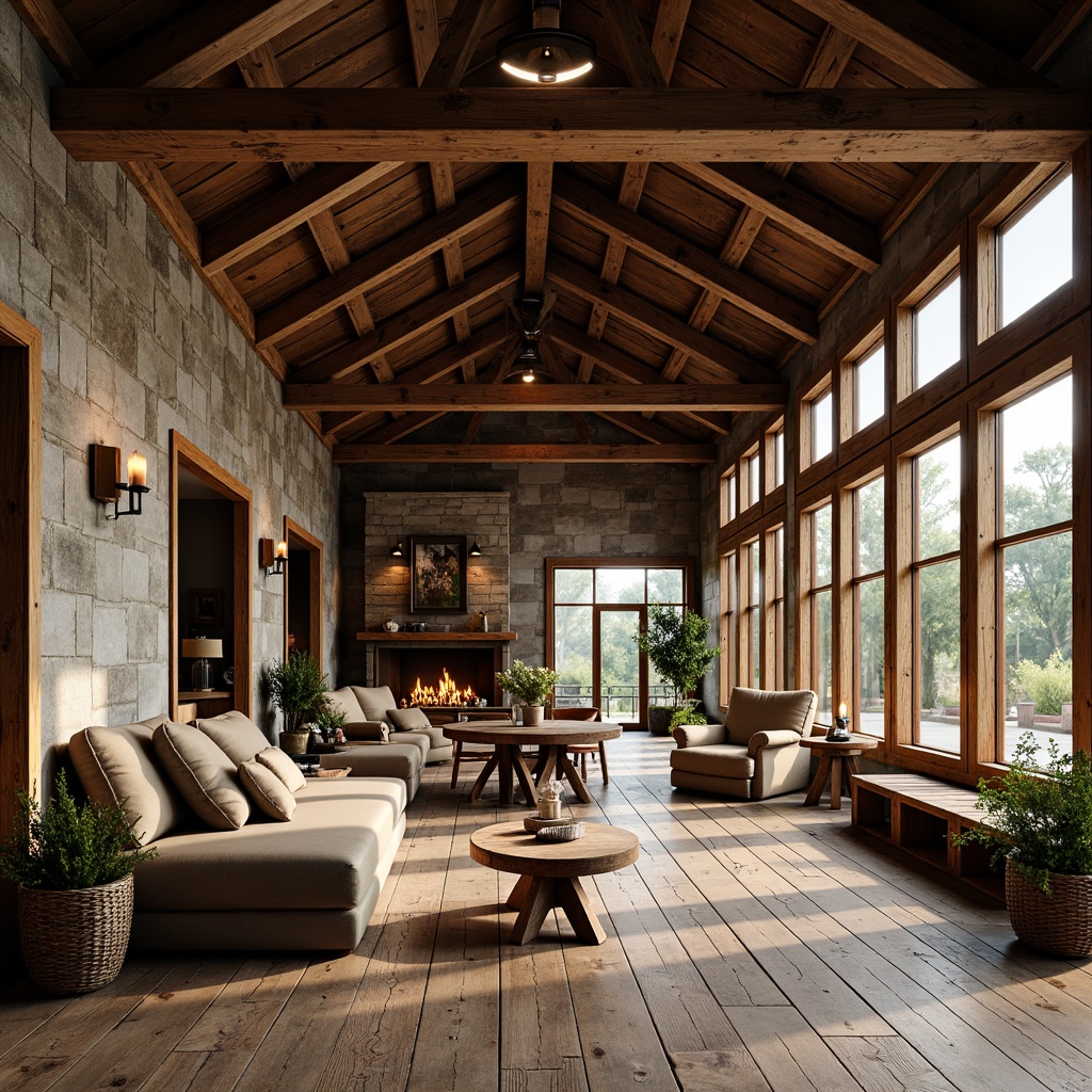 Prompt: Rustic steel-framed building, exposed beams, wooden accents, earthy tones, natural stone walls, reclaimed wood flooring, metal roof trusses, industrial-style lighting fixtures, distressed finishes, cozy atmosphere, warm color palette, softbox lighting, shallow depth of field, 1/2 composition, realistic textures, ambient occlusion.