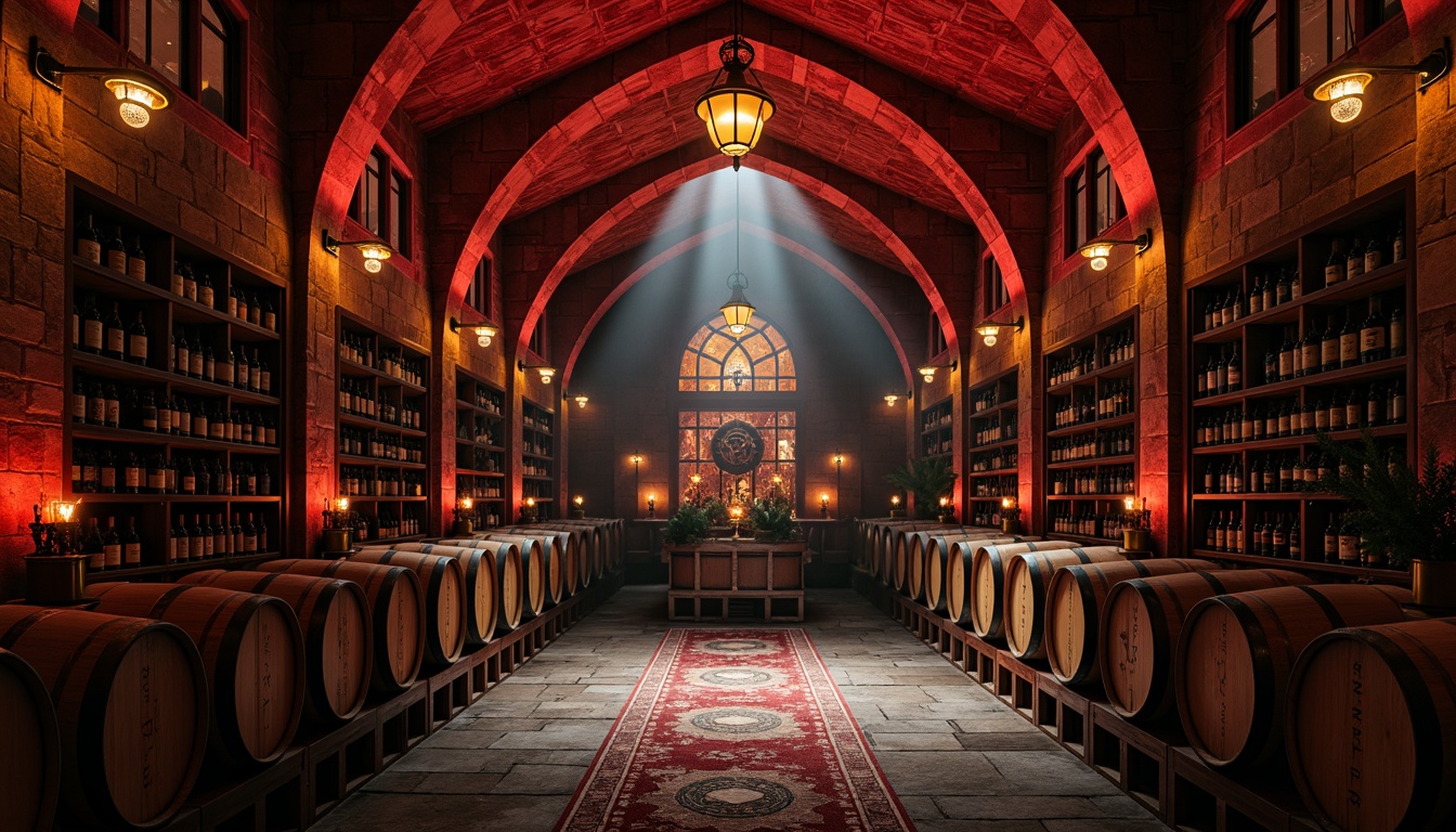 Prompt: Dimly lit wine cellar, vaulted ceilings, gothic arches, stone walls, rustic wooden barrels, ornate metalwork, dim red lighting, mysterious ambiance, ancient artifacts, weathered stone floors, rich wood tones, luxurious velvet drapes, grand chandeliers, intricate carvings, mystical symbols, medieval-inspired decor, warm golden hues, soft shadows, atmospheric mist, dramatic composition, high contrast ratio, cinematic lighting.