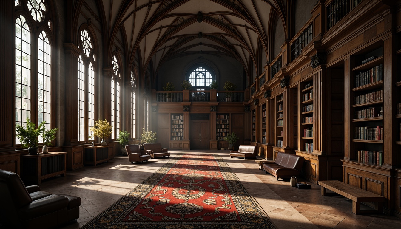 Prompt: Dark academia atmosphere, grand high ceilings, ornate stone walls, stained glass windows, wooden bookshelves, leather-bound tomes, dim warm lighting, rich wood flooring, intricate tile patterns, gothic arches, ribbed vaults, ornate metalwork, mysterious shadows, dramatic spotlights, luxurious velvet carpets, polished marble floors, ancient manuscripts, mystical ambiance, soft misty atmosphere, cinematic composition, shallow depth of field, realistic textures.