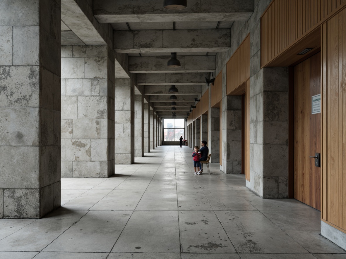 Prompt: Exposed concrete walls, brutalist architecture, industrial aesthetic, rough-textured finishes, raw concrete surfaces, minimalist ornamentation, functional simplicity, cold atmospheric lighting, dramatic shadows, abstract geometric patterns, distressed metal accents, weathered wood tones, urban institutional setting, educational facilities, research laboratories, lecture halls, stark corridors, functional minimalism.