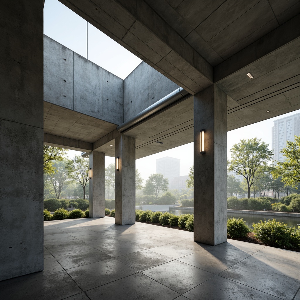 Prompt: Concrete brutalist building, rugged texture, raw concrete columns, industrial-style pipes, minimalist decor, open floor plan, abundant natural light, clerestory windows, industrial metal beams, exposed ductwork, urban cityscape, dense tree clusters, misty morning atmosphere, soft diffused lighting, shallow depth of field, 2/3 composition, realistic rough textures, ambient occlusion.