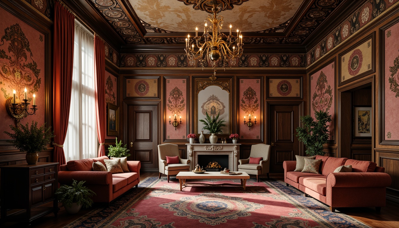 Prompt: Richly patterned wallpaper, ornate moldings, luxurious velvet fabrics, intricately carved wooden panels, grandiose ceiling details, crystal chandeliers, lavish drapery, opulent golden accents, distressed finishes, eclectic furniture arrangements, vintage accessories, warm candlelight, soft focus, 1/1 composition, dramatic shadows, high-contrast lighting, realistic wood textures, ambient occlusion.