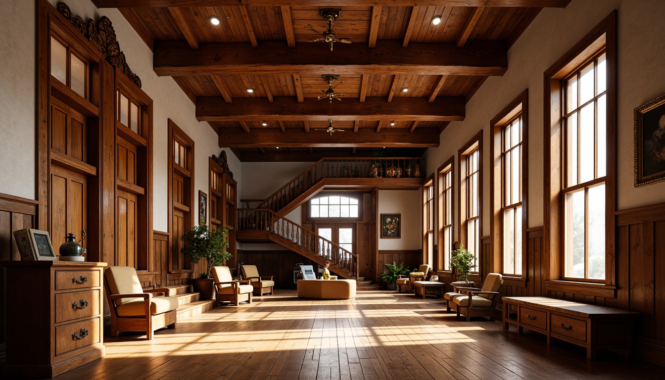 Prompt: Rustic courthouse building, rich wood accents, ornate wooden doors, intricate carvings, wooden benches, polished hardwood floors, warm natural lighting, grand staircase, craftsman-style decorations, earthy color palette, wooden ceiling beams, exposed brick walls, traditional furniture pieces, vintage hardware fixtures, cozy nooks, inviting atmosphere, shallow depth of field, 2/3 composition, warm soft focus, realistic textures, ambient occlusion.