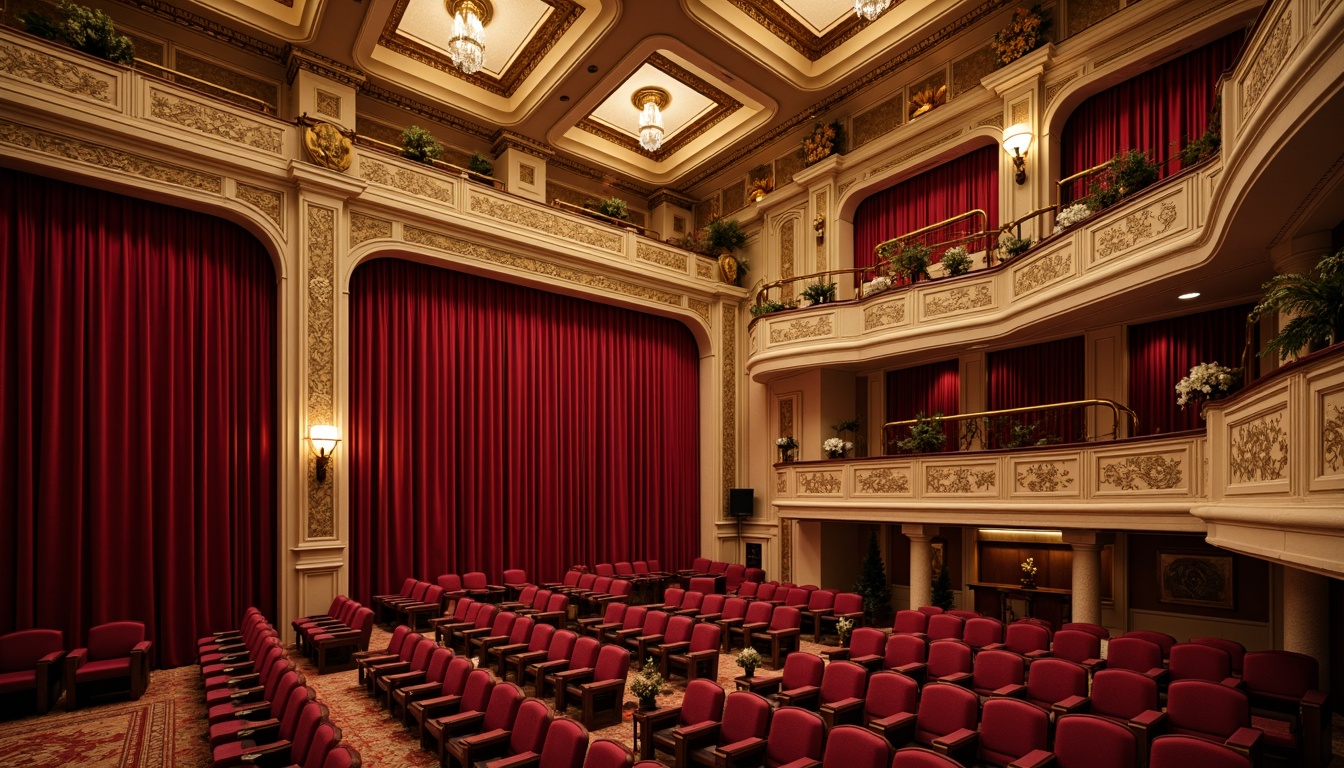 Prompt: Elegant theater interior, neoclassical architecture, ornate moldings, gilded details, rich velvet curtains, plush red seats, intricately patterned carpets, acoustic panels, sound-absorbing materials, diffusers, bass traps, reverberation control, subtle lighting, warm golden tones, high ceilings, grand chandeliers, sculpted balconies, decorative railings, luxurious textiles, refined wood accents, sophisticated color palette, 3/4 composition, shallow depth of field, soft warm lighting, realistic textures.