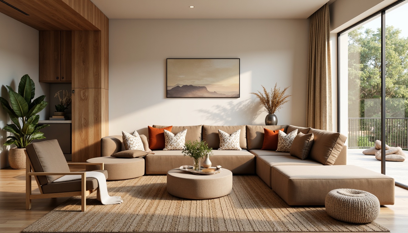 Prompt: Cozy living room, plush velvet sofa, soft woven rug, warm beige walls, natural wood accents, floor-to-ceiling windows, gentle morning light, relaxed atmosphere, comfortable seating arrangement, inviting coffee table, decorative throw pillows, subtle patterns, calming colors, luxurious fabrics, smooth linen texture, elegant upholstery, sophisticated interior design.