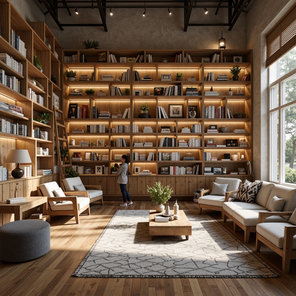 Prompt: Cozy bookstore, warm wooden shelves, minimalist decor, Nordic-inspired aesthetic, neutral color palette, natural light, floor-to-ceiling bookcases, ladder access, comfortable reading nooks, plush armchairs, industrial-chic lighting, reclaimed wood accents, modern Scandinavian furniture, geometric-patterned rugs, earthy-toned walls, airy open spaces, subtle textures, soft warm glow, shallow depth of field, 2/3 composition, realistic renderings.