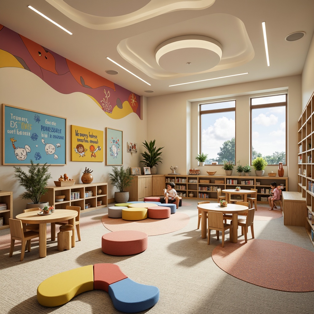 Prompt: Vibrant kindergarten interior, playful color accents, soft pastel hues, whimsical murals, interactive learning zones, cozy reading nooks, natural wood furniture, rounded edges, colorful storage bins, educational posters, inspirational quotes, cheerful lighting fixtures, warm beige walls, comfortable carpeting, kid-friendly materials, imaginative play areas, collaborative workspaces, dynamic visual displays, engaging sensory experiences, stimulating artwork, joyful atmosphere.