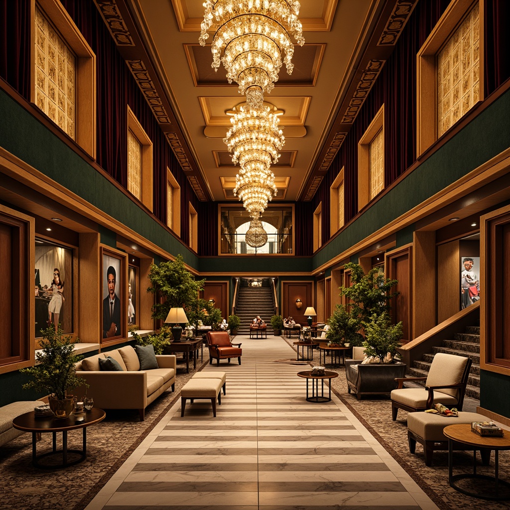 Prompt: Luxurious hotel lobby, ornate chandeliers, metallic accents, velvet drapes, grand staircases, geometric patterns, opulent furnishings, warm golden lighting, soft shadows, lavish decor, crystal fixtures, intricate moldings, marble floors, rich wood tones, sophisticated ambiance, dramatic spotlights, cinematic atmosphere, high-contrast ratios, 1/2 composition, ornate mirrors, lavish textiles, metallic leafing.