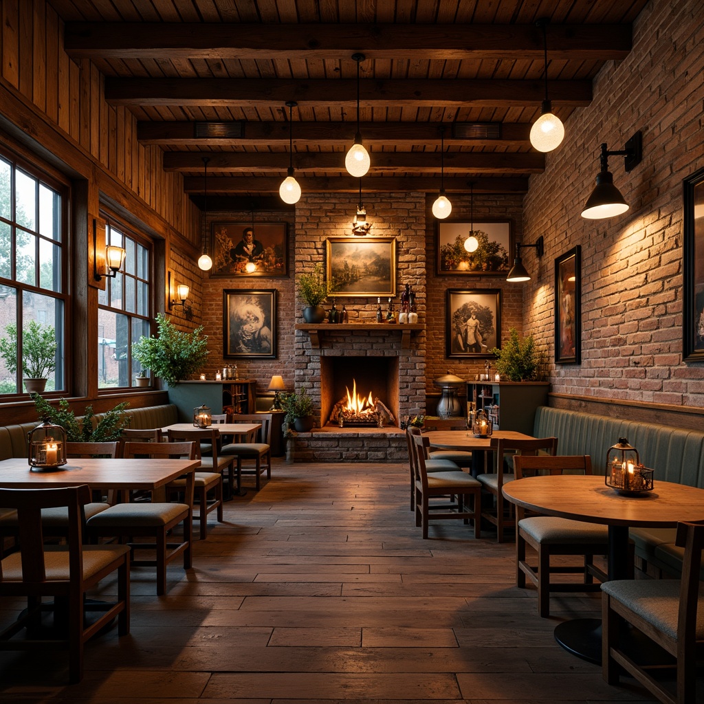 Prompt: Rustic pub interior, wooden accents, exposed brick walls, vintage decor, warm ambient lighting, metal lanterns, pendant lights, candles, dimmable lighting, cozy atmosphere, natural textures, earthy tones, wooden tables, comfortable seating, stone fireplaces, distressed finishes, industrial-chic decor, softbox lighting, layered lighting, warm color temperatures, inviting ambiance.