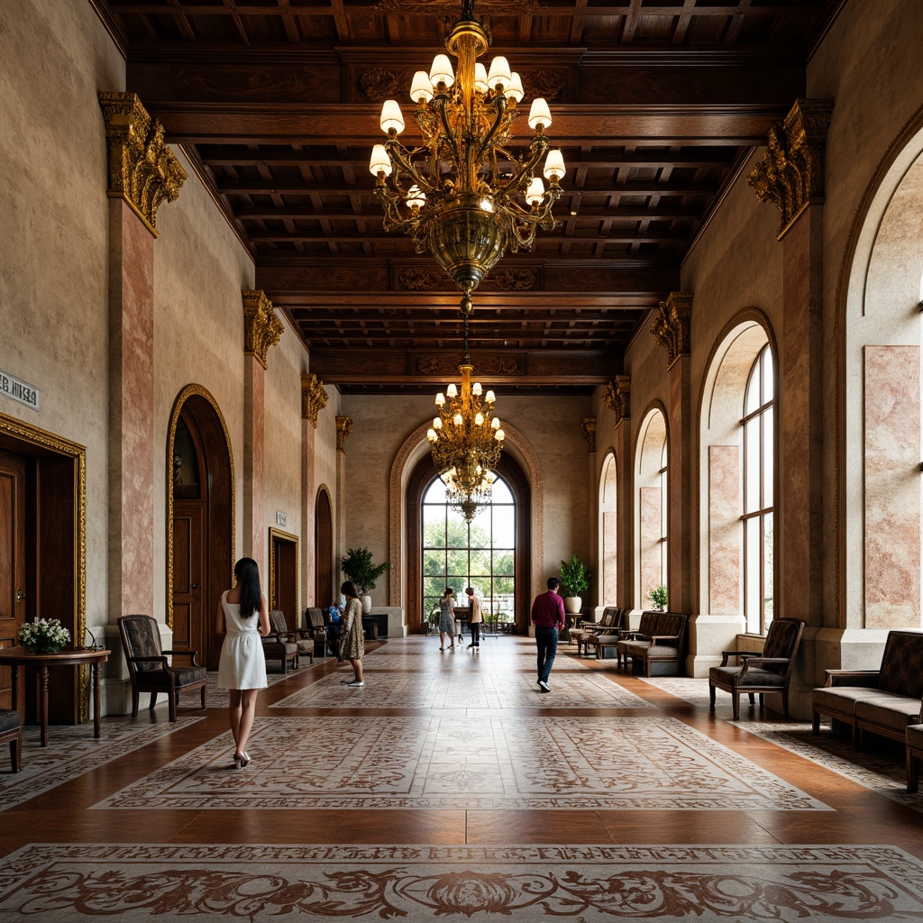 Prompt: Renaissance-style museum interior, grand high ceilings, ornate chandeliers, marble flooring, polished bronze accents, intricate mosaic patterns, luxurious wool carpets, richly stained hardwood floors, decorative ceramic tiles, elegant parquet designs, subtle texture contrasts, warm soft lighting, shallow depth of field, 1/2 composition, atmospheric perspective, realistic material reflections.