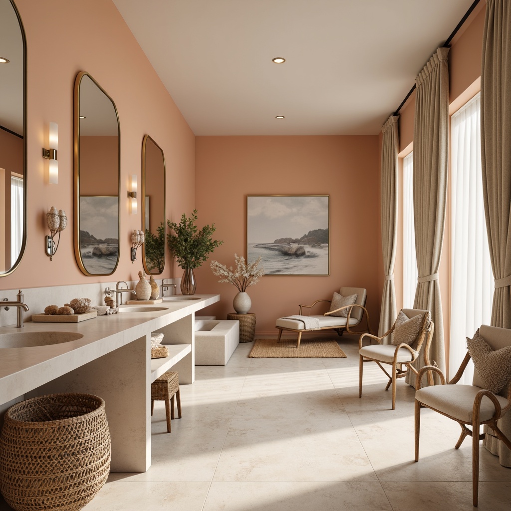 Prompt: Soft peach-colored walls, elegant shell decorations, driftwood furniture, natural linen fabrics, woven sea grass baskets, ocean-inspired artwork, mercury glass mirrors, polished chrome fixtures, luxurious velvet drapes, creamy white marble countertops, spa-like ambiance, warm soft lighting, 1/1 composition, shallow depth of field, subtle texture overlays.