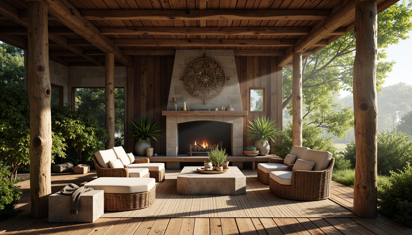 Prompt: Natural rustic cabin, reclaimed wood accents, earthy color palette, stone fireplace, woven wicker furniture, vintage metal decor, distressed wooden beams, organic shapes, lush greenery, overgrown bushes, misty morning atmosphere, warm soft lighting, shallow depth of field, 1/1 composition, realistic textures, ambient occlusion.