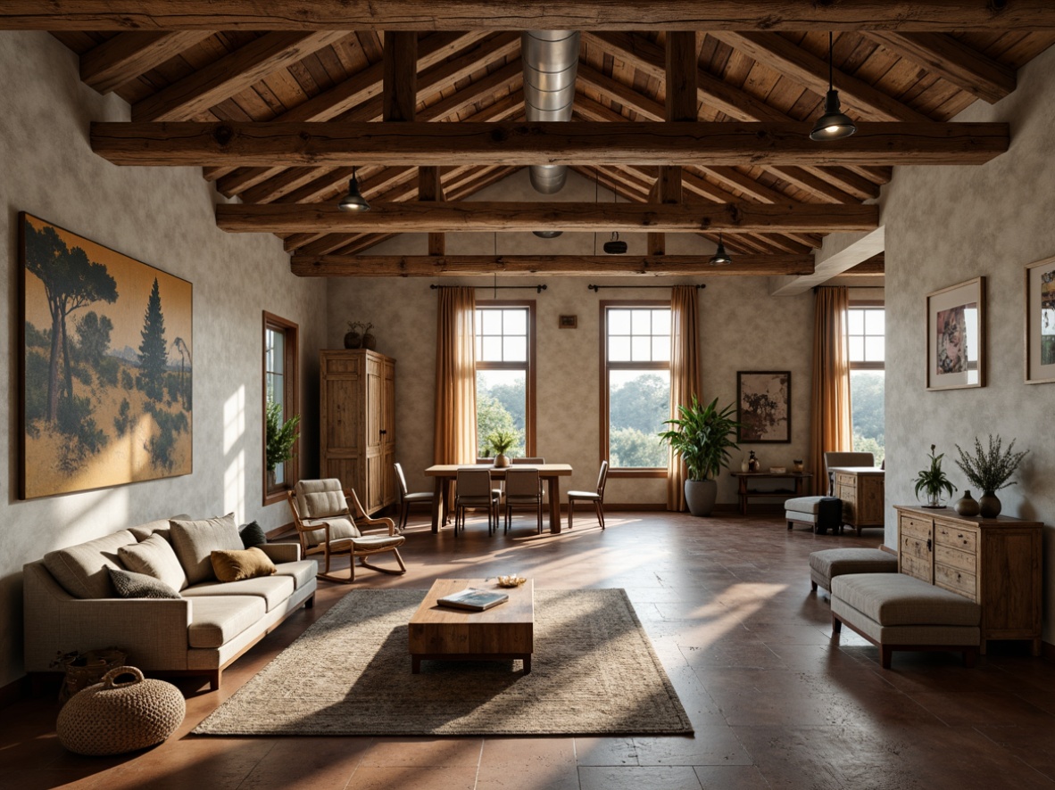 Prompt: Rustic wooden beams, distressed finishes, natural textures, earthy tones, cozy atmosphere, warm lighting, traditional architecture, countryside feel, vintage decor, reclaimed wood, exposed ductwork, industrial chic, urban loft style, high ceilings, open-plan living, minimalist ornamentation, subtle color palette, soft shadows, dramatic verticality.