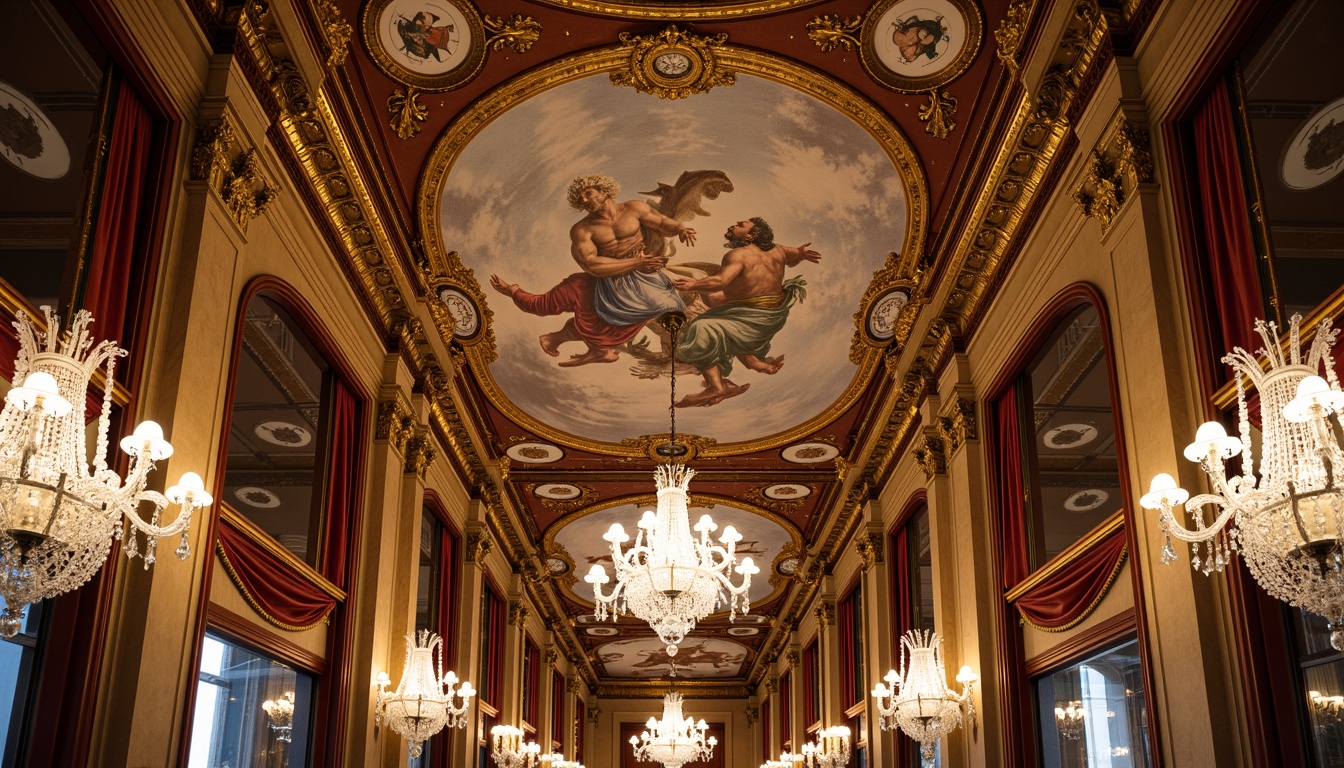 Prompt: Ornate ceiling design, intricately carved moldings, gilded details, crystal chandeliers, grandiose frescoes, luxurious fabrics, rich wood tones, ornamental plasterwork, curved lines, soft warm lighting, shallow depth of field, 3/4 composition, panoramic view, realistic textures, ambient occlusion.