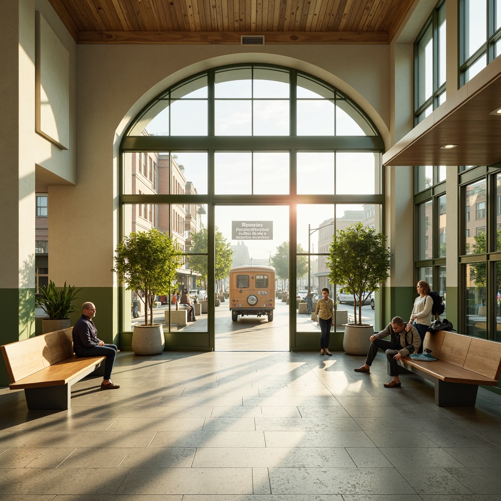 Prompt: \Soothing train station interior, Celadon color palette, calming atmosphere, natural stone flooring, cream-colored walls, soft green accents, wooden benches, elegant metal handrails, large glass windows, warm lighting, subtle shadows, 1/2 composition, shallow depth of field, realistic textures, ambient occlusion, modern minimalist design, functional layout, comfortable waiting areas, bustling city sounds, morning light, urban vibe.\