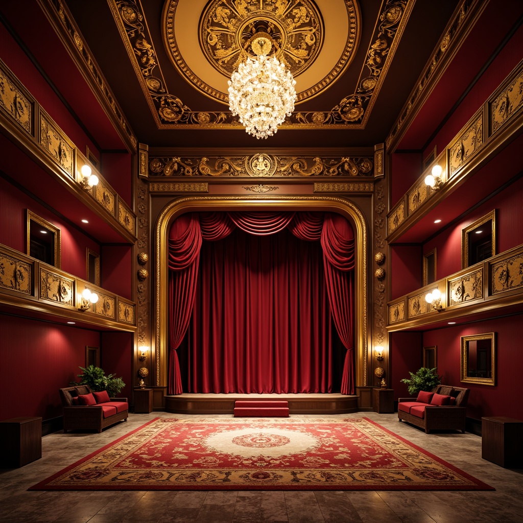 Prompt: Opulent theater interior, rich velvet drapes, intricate gold filigree, ornate wooden carvings, crimson red walls, gilded moldings, crystal chandeliers, luxurious marble floors, baroque patterned rugs, heavy silk curtains, dramatic spotlights, warm golden lighting, shallow depth of field, 1/1 composition, realistic textures, ambient occlusion.